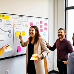 **

A brightly lit, modern co-working space.  Several diverse professionals are gathered around a whiteboard covered in colorful sticky notes and diagrams. They are actively engaged in a brainstorming session, gesturing and smiling, illustrating collaboration and the generation of innovative ideas through convergent thinking and networking.  Emphasis on teamwork and a positive, energetic atmosphere.

**