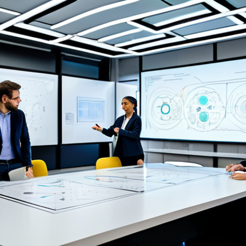 A diverse group of professional individuals, fully clothed in modern business attire, actively collaborating around a large, interactive display table in a bright, futuristic innovation hub. Their hands are gesturing over the holographic interface, where abstract digital elements representing ideas are visibly merging and swirling into new, complex forms, symbolizing the alchemy of minds. The space is open-plan with natural light, comfortable, modular seating, and large whiteboards filled with diagrams and post-it notes in the background. Subtle energy lines or light particles connect the individuals, illustrating the flow of ideas between them. Professional, innovative, collaborative, dynamic, high-resolution, professional photography, perfect anatomy, correct proportions, natural poses, well-formed hands, proper finger count, safe for work, appropriate content, fully clothed, professional dress, modest attire, family-friendly.