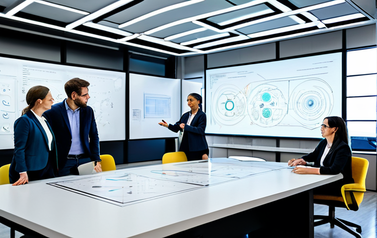 A diverse group of professional individuals, fully clothed in modern business attire, actively collaborating around a large, interactive display table in a bright, futuristic innovation hub. Their hands are gesturing over the holographic interface, where abstract digital elements representing ideas are visibly merging and swirling into new, complex forms, symbolizing the alchemy of minds. The space is open-plan with natural light, comfortable, modular seating, and large whiteboards filled with diagrams and post-it notes in the background. Subtle energy lines or light particles connect the individuals, illustrating the flow of ideas between them. Professional, innovative, collaborative, dynamic, high-resolution, professional photography, perfect anatomy, correct proportions, natural poses, well-formed hands, proper finger count, safe for work, appropriate content, fully clothed, professional dress, modest attire, family-friendly.