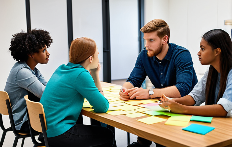 Brainstorming Session**
"A diverse group of fully clothed students engaged in a brainstorming session, sitting around a table with colorful sticky notes, safe for work, appropriate content, professional environment, well-formed hands, correct proportions, natural pose, modest clothing, high quality, family-friendly."
**