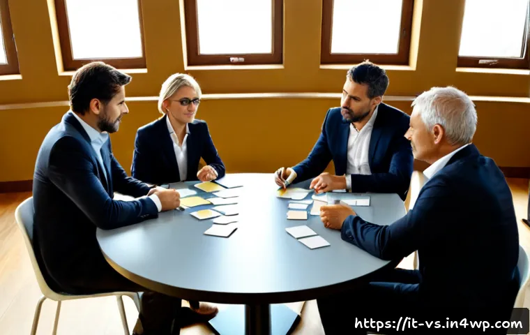 Home 13 수렴적 사고의 효과를 높이기 위한 팀 구성 - Photorealistic Italian workplace team of five professionals with complementary ages and roles seated...